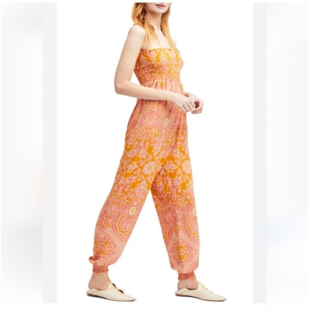Free People Thinking Of You Jumpsuit Size Large Paisley Boho Strapless Orange